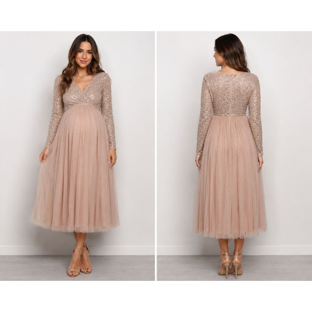 Maya Maternity Sequin Tulle Midi Dress Blush Pink Long Sleeve UK 10 US 6